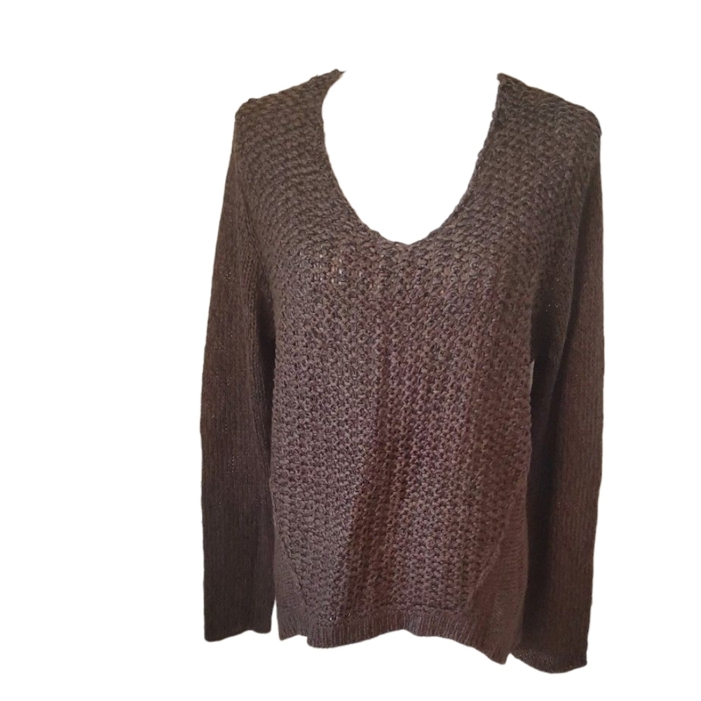 RDI Olive Green Open Knit V-Neck Sweater Textured Long Sleeve Pullover Size XL